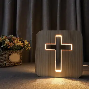 1 buc 3D Cruce de Lemn USB Lumina de Noapte LED Masă Lampă Noutate Dormitor Copii Magazin de Cafea Decor Cadouri Crestine Dropshipping