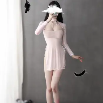 2020 Noua De Produse De Lenjerie Sexy Clasica Matase De Gheață Fantă Perspectivă Cheongsam Uniformă Tentația De Pasiune Rochie