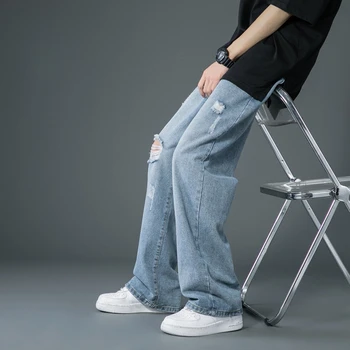2022 Primavara Vara Barbati Rupt Blugi Largi Picior coreean Tendință Direct Largi Pantaloni din Denim Vintage sex Masculin Pantaloni Albastru