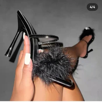 A subliniat Toe pantofi cu Tocuri inalte 2023 Vara Noi Sexy Pene Decor Simplu Stiletto Papuci de Moda Banchet Deget de la picior Deschis Catâri