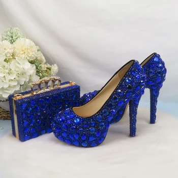 BaoYaFang Royal Albastru de Cristal Mireasa Nunta Pantofi Și Geantă de Femeie Pantofi cu Platforma de dimensiuni Mari Rotund Toe Petrecere de nunta pantofi Femei
