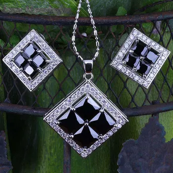 Calitate De Top Foarte Elegant Pătrat Personalitate Negre Imitatie Onix Cubic Zirconia De Culoare De Argint Seturi De Bijuterii H0077