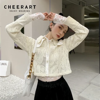 CHEERART Corset Brodat Crop Top Tricou Pentru Femei Designer de Moda coreeană Butonul Strat Tricou cu Guler Bluza de Primavara Toamna 0
