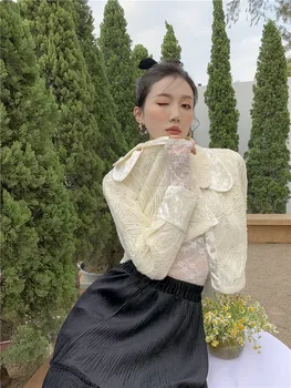 CHEERART Corset Brodat Crop Top Tricou Pentru Femei Designer de Moda coreeană Butonul Strat Tricou cu Guler Bluza de Primavara Toamna 2