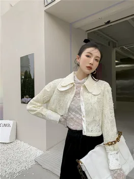CHEERART Corset Brodat Crop Top Tricou Pentru Femei Designer de Moda coreeană Butonul Strat Tricou cu Guler Bluza de Primavara Toamna 3