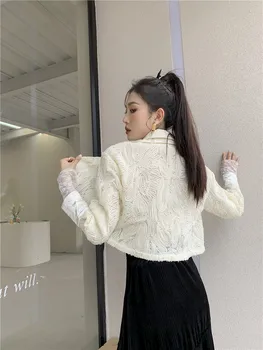 CHEERART Corset Brodat Crop Top Tricou Pentru Femei Designer de Moda coreeană Butonul Strat Tricou cu Guler Bluza de Primavara Toamna 5