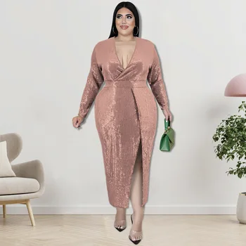 Chic Rochii Femei Elegante Plus Dimensiune Toamna Sexy V-Neck Catifea Cu Paiete Brodate Rochie Office Wear Pentru Fat Lady