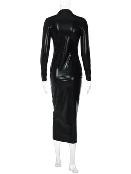 Faux din Piele cu Maneca Lunga Bodycon Rochie Femei de Epocă Elegante de Iarna pentru Femei Rochie Midi Neagra Rochii