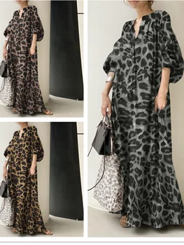 LANMREM Rochie de Leopard de Imprimare Puff Mâneci Largi Casual Boemia Stil Rochii Lungi de Moda de sex Feminin de Îmbrăcăminte 2023 Vara 2R2388