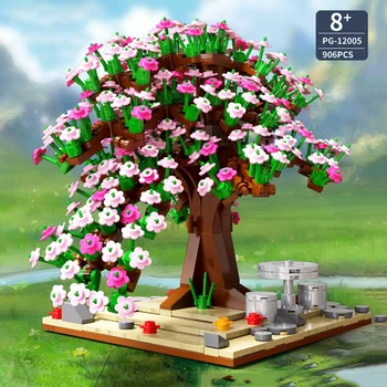 Mini Copac Casa de Blocuri de BRICOLAJ Pink Cherry Blossom Planta Flori și Iarbă Model de Ornamente pentru Copii Asamblate Jucarie Cadou