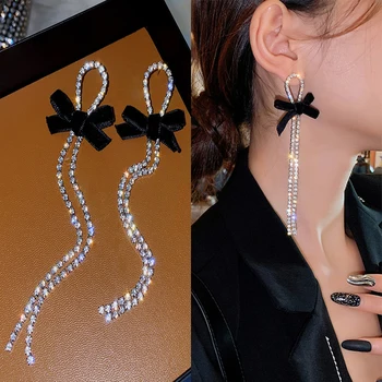 Moda Ciucure Lung Complet Stras Picătură Cercei pentru Femeile Bijoux Negru Lucios Bowknot Cristal Legăna Cercei Bijuterii Cadouri