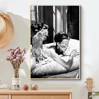 Negru și Alb Poster Audrey Hepburn și Cat Poster de Film Printuri de Moda, Arta de Perete Camera de zi Acasă Decorare Arta de Perete