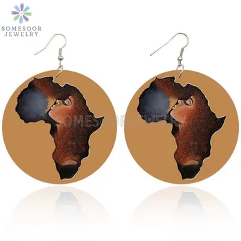 SOMESOOR Africane Harta Etnică din Lemn Drop Cercel Afro Par Natural cu Bucle Negre Fata din Lemn Pictat Legăna Bijuterii Cadouri Pentru Femei