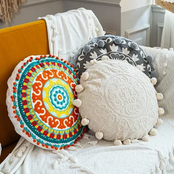 Stil marocan acasă pernă caz circular cu broderie panza de bumbac rotund pernă acoperă
