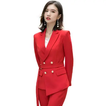 Temperament de Înaltă Calitate Tesatura Profesionale pentru Femei Pantaloni Costum Nou Slim Lady Red Blazer Jacheta Haina Pantaloni Casual, de Două piese