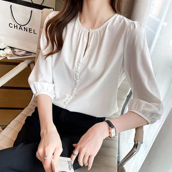Vara Solidă Maneca 3/4 O-Neck Șifon Casual coreeană de Moda pentru Femei Bluze