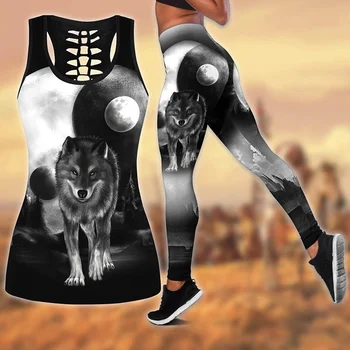 Wolf 3D Peste Tot Imprimate Jambiere + Hollow TankSports Strâns Jambiere Lungi Pantaloni de Yoga pentru Plus Dimensiune Femei Pantaloni de Vara
